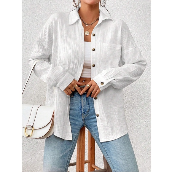 Cotton White Casual Shirt  Button Down Up Long Sleeve - Picture 6 of 16